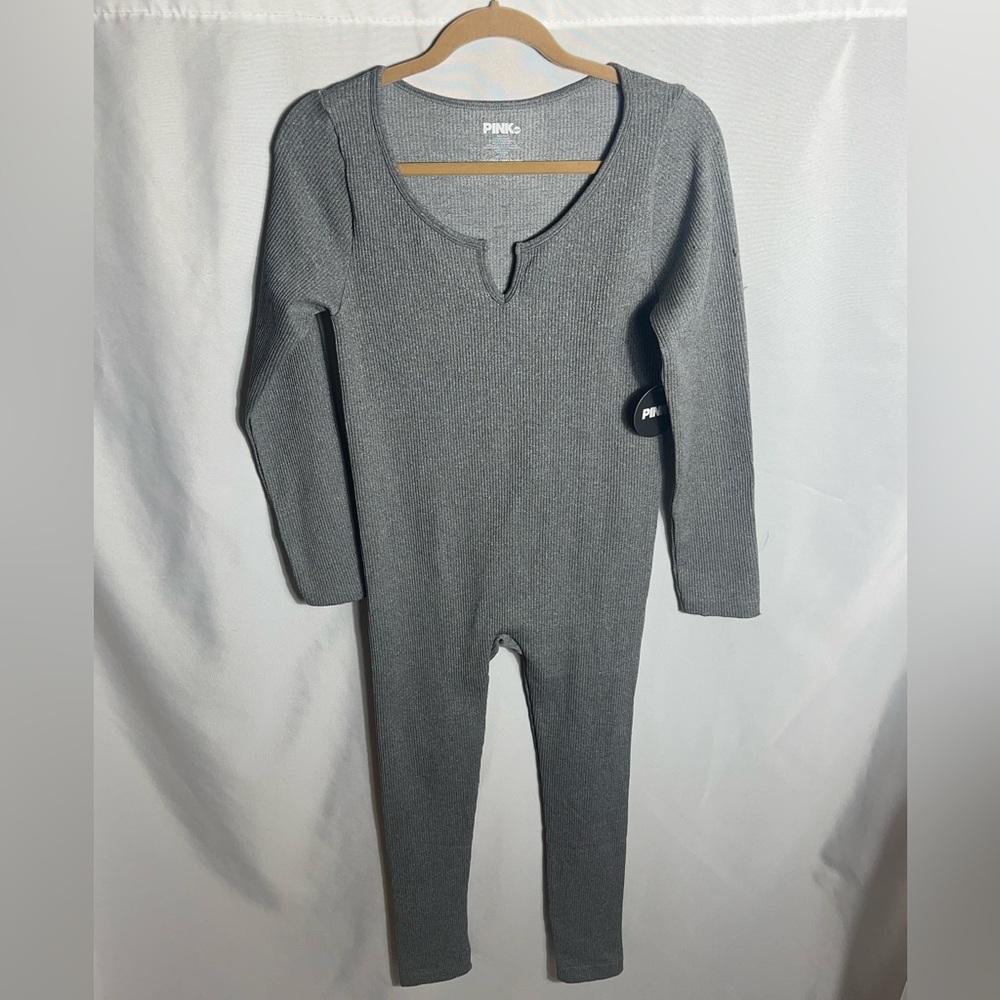 Pink Dot Gray Ribbed Knit Long Sleeve Jumpsuit Size XL One Piece Lounge Wear